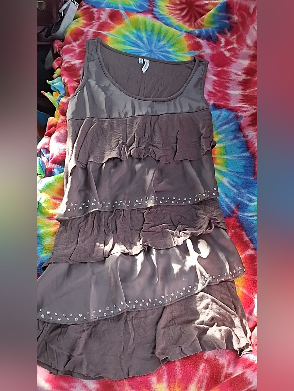 Studio Y Brown Tiered Ruffle Tank Top with Stud Accents Size Extra-Small